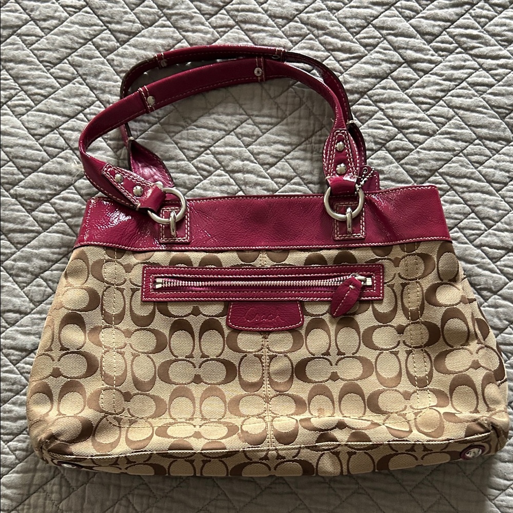 Coach Beige and Pink Signature Shoulder Bag